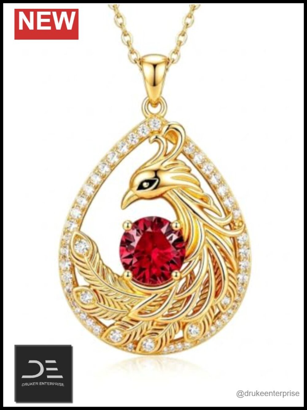14k Gold Plated Phoenix Pendant Necklace with Red Ruby Birthstone Jewelry